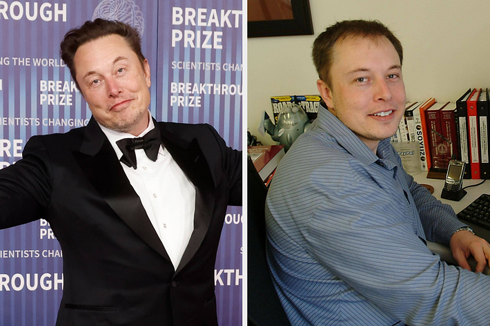 Elon Musk: Left - in a tuxedo at the Breakthrough Prize event, right - in casual office wear at a desk