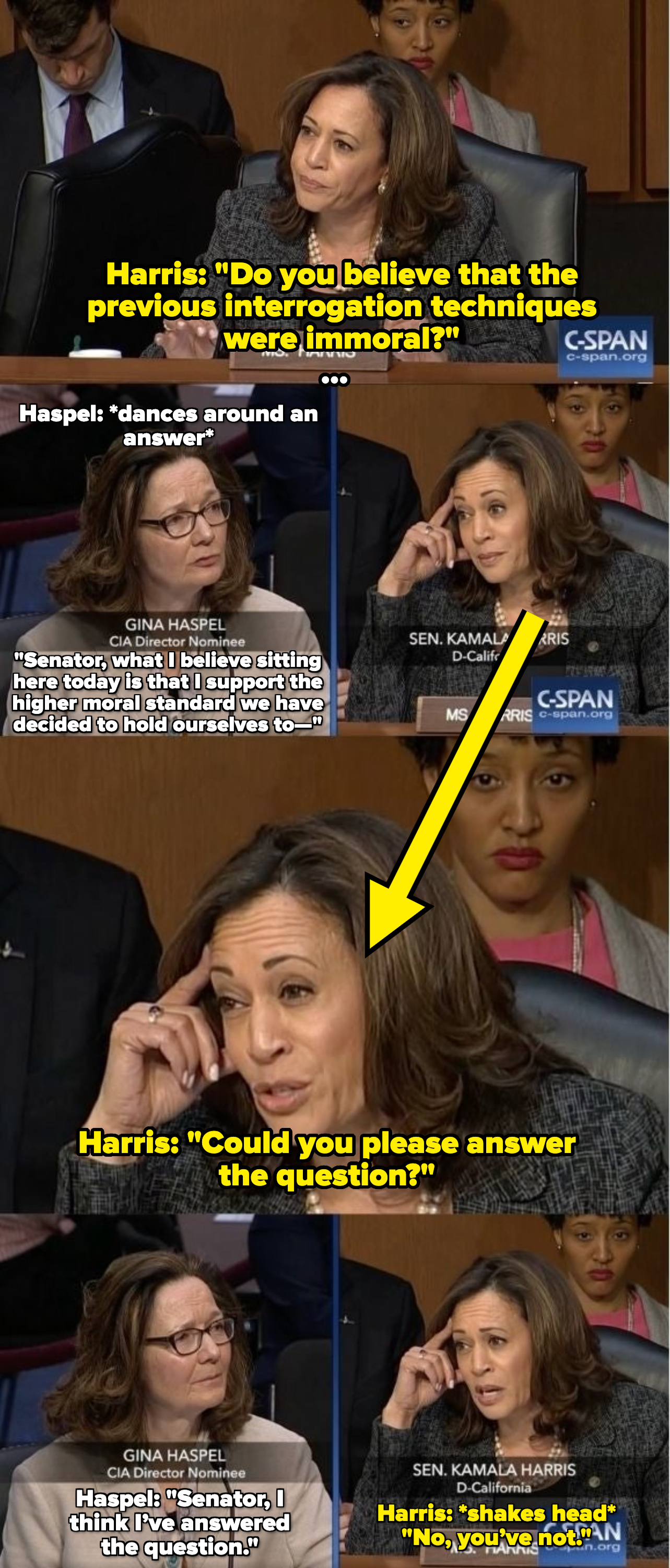 Kamala Harris questions CIA Director Nominee Gina Haspel during a Senate hearing. Both women are seated and engaged in conversation