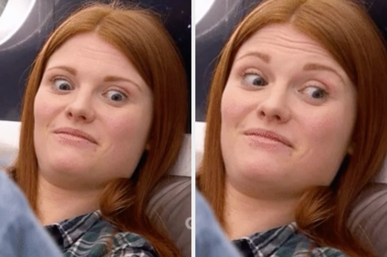 Two side-by-side images of someone making a surprised face