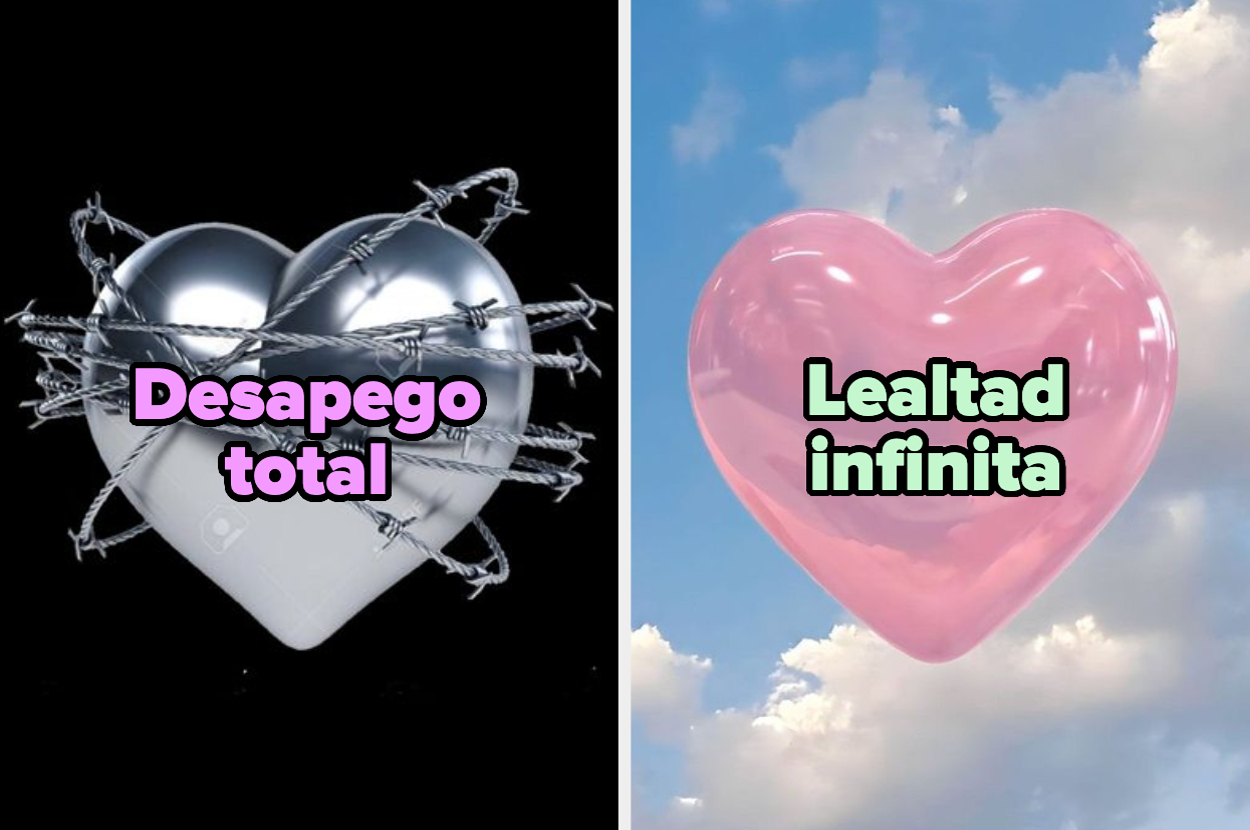 Imagen dividida en dos. Izquierda: Corazón metálico envuelto en alambre de púas con el texto "Desapego total". Derecha: Corazón inflable flotando con el texto "Lealtad infinita"
