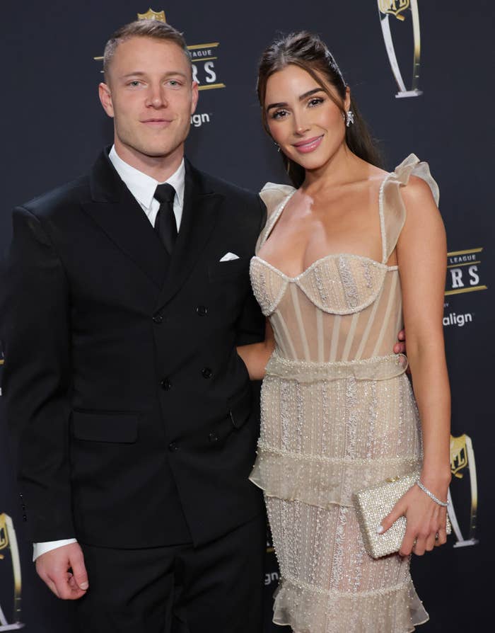 Closeup of Christian McCaffrey and Olivia Culpo