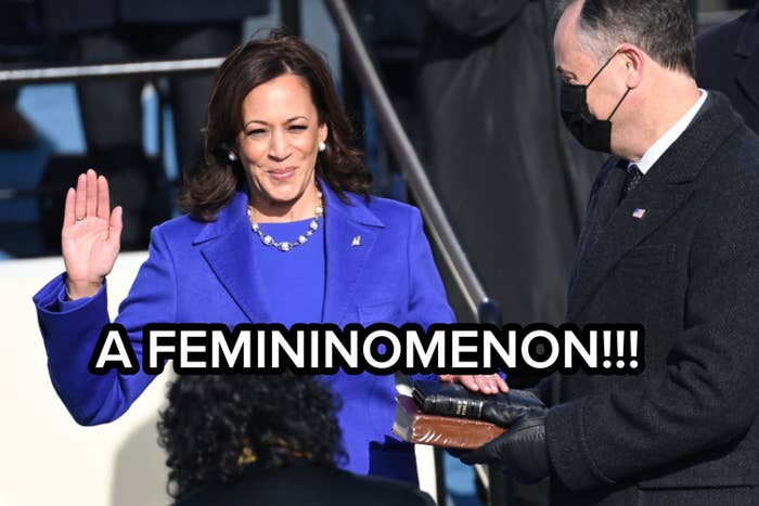 Kamala Harris, in a suit with a pearl necklace, raises her right hand while taking the oath of office, with her left hand on a Bible held by Doug Emhoff
