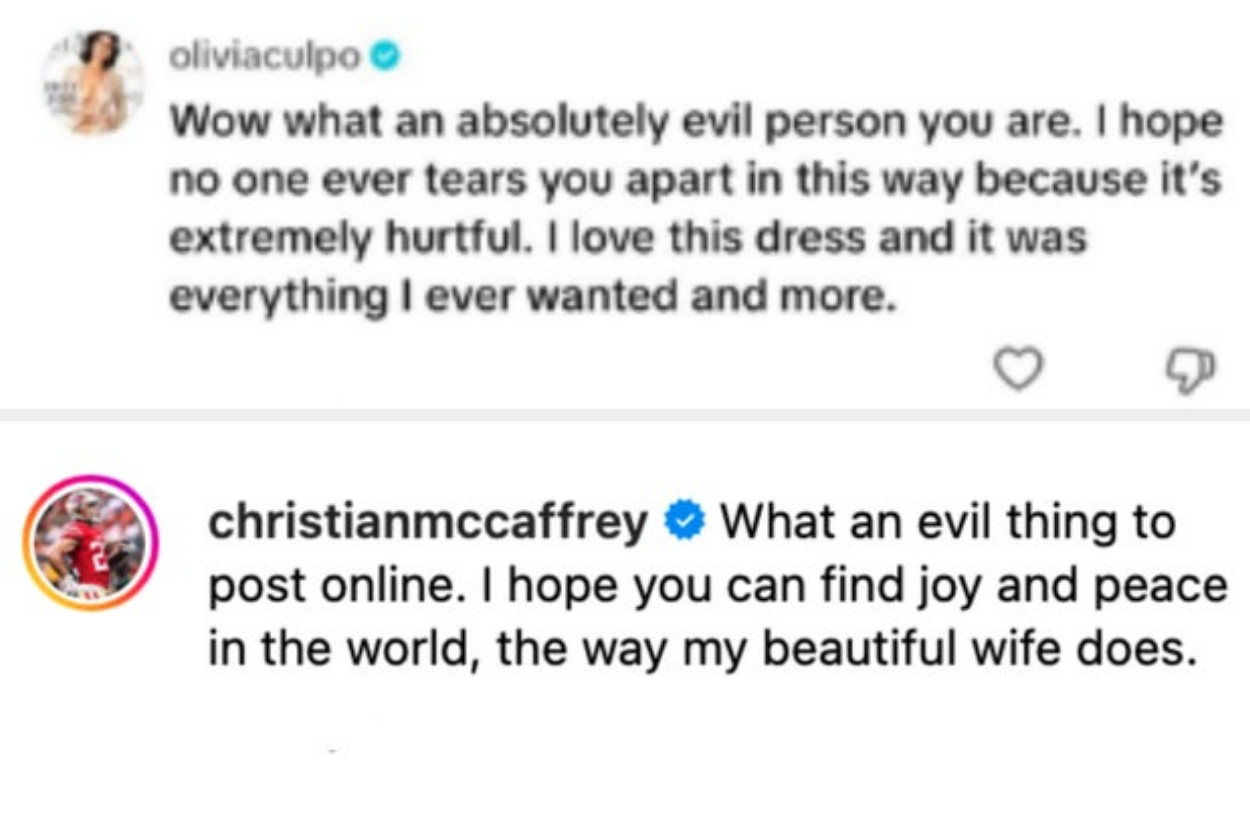 Social media comments by Olivia Culpo and Christian McCaffrey addressing an evil post. Olivia defends her dress, while Christian wishes for peace and joy