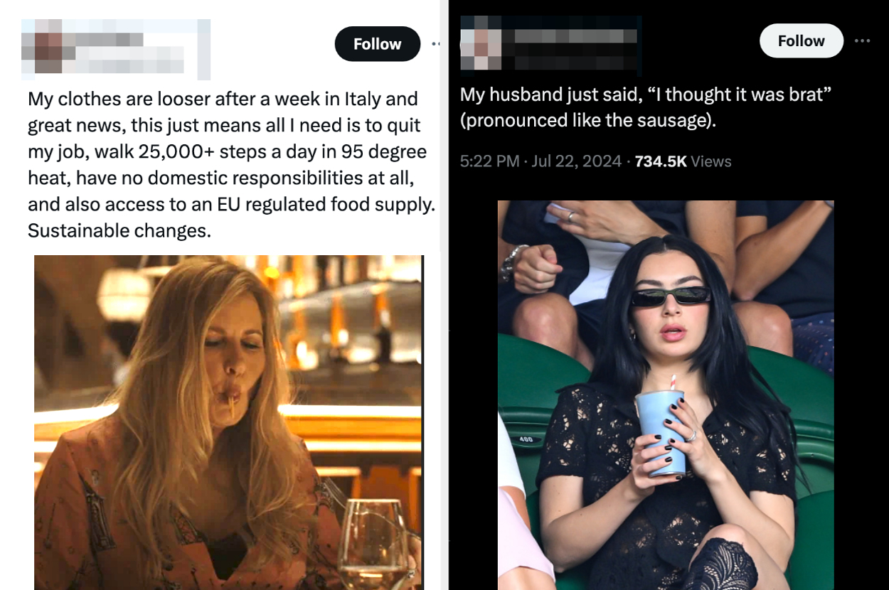 On the left, a woman tweets about her relaxed lifestyle and EU regulated food supply after a week in Italy. On the right, a woman in sunglasses at a tennis match with a tweet about her husband's mispronunciation of "brat"