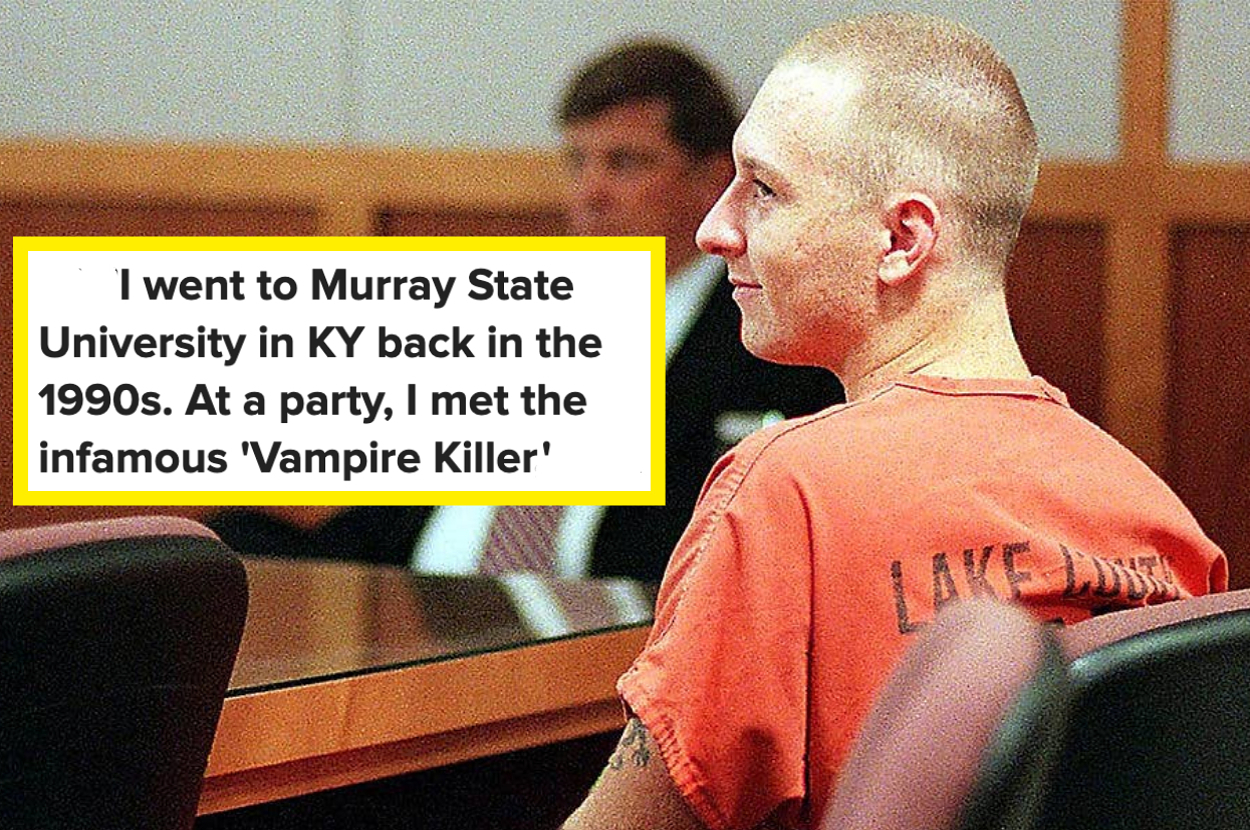 A man in an orange prison jumpsuit sits in a courtroom looking to his left. A quote overlays the image: "I went to Murray State University in KY back in the 1990s. At a party, I met the infamous 'Vampire Killer'"