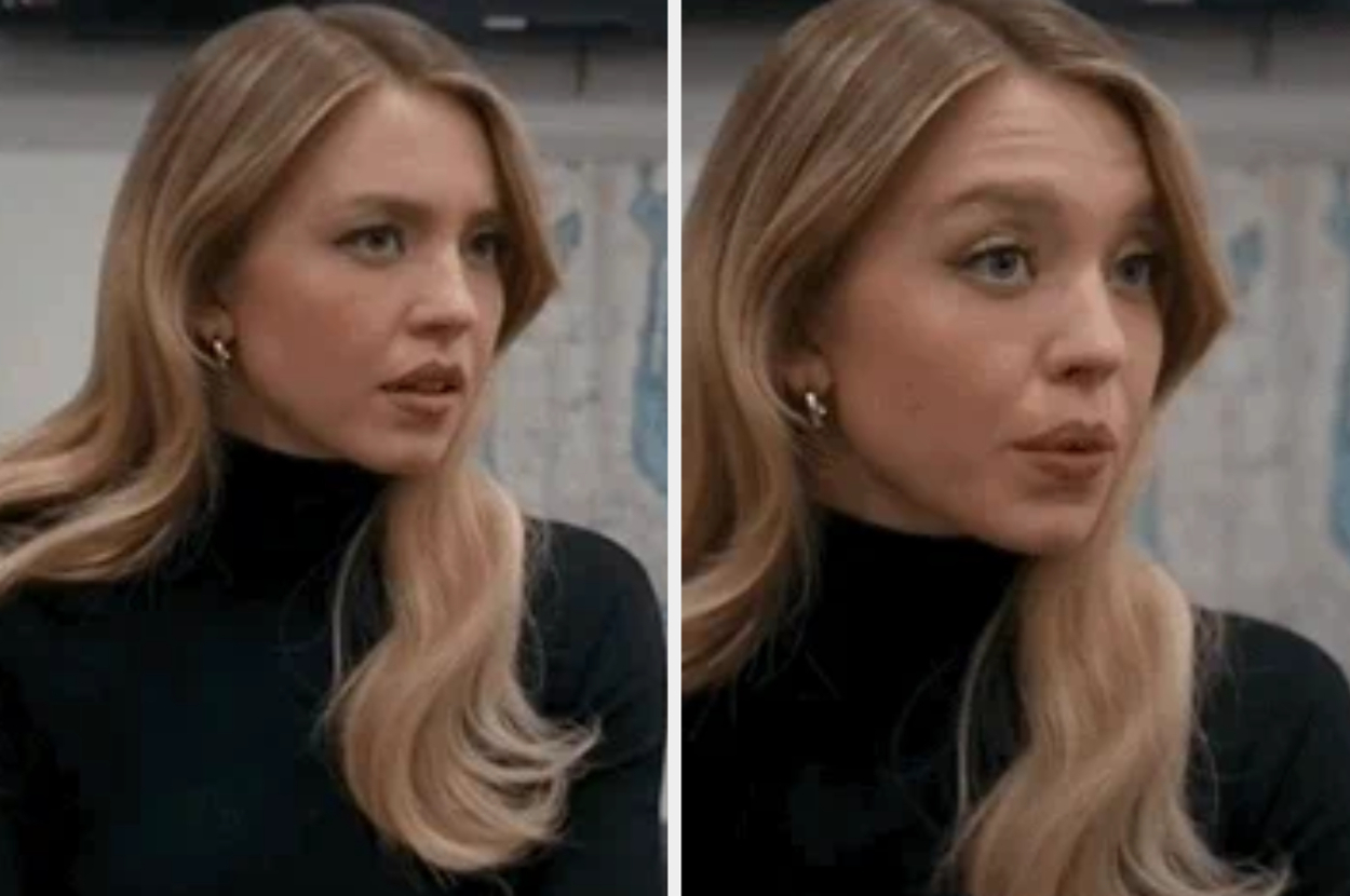 Side-by-side images of Sydney Sweeney wearing a black turtleneck, looking to the left and straight ahead during a conversation
