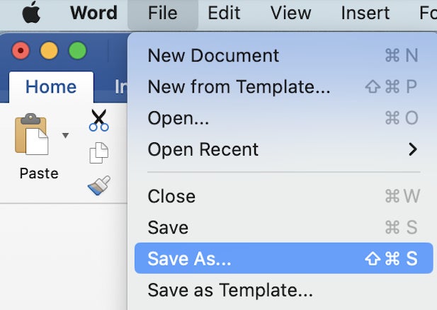 The image shows a file menu in Microsoft Word with options like New Document, New from Template, Open, Open Recent, Close, Save. 'Save As' is highlighted