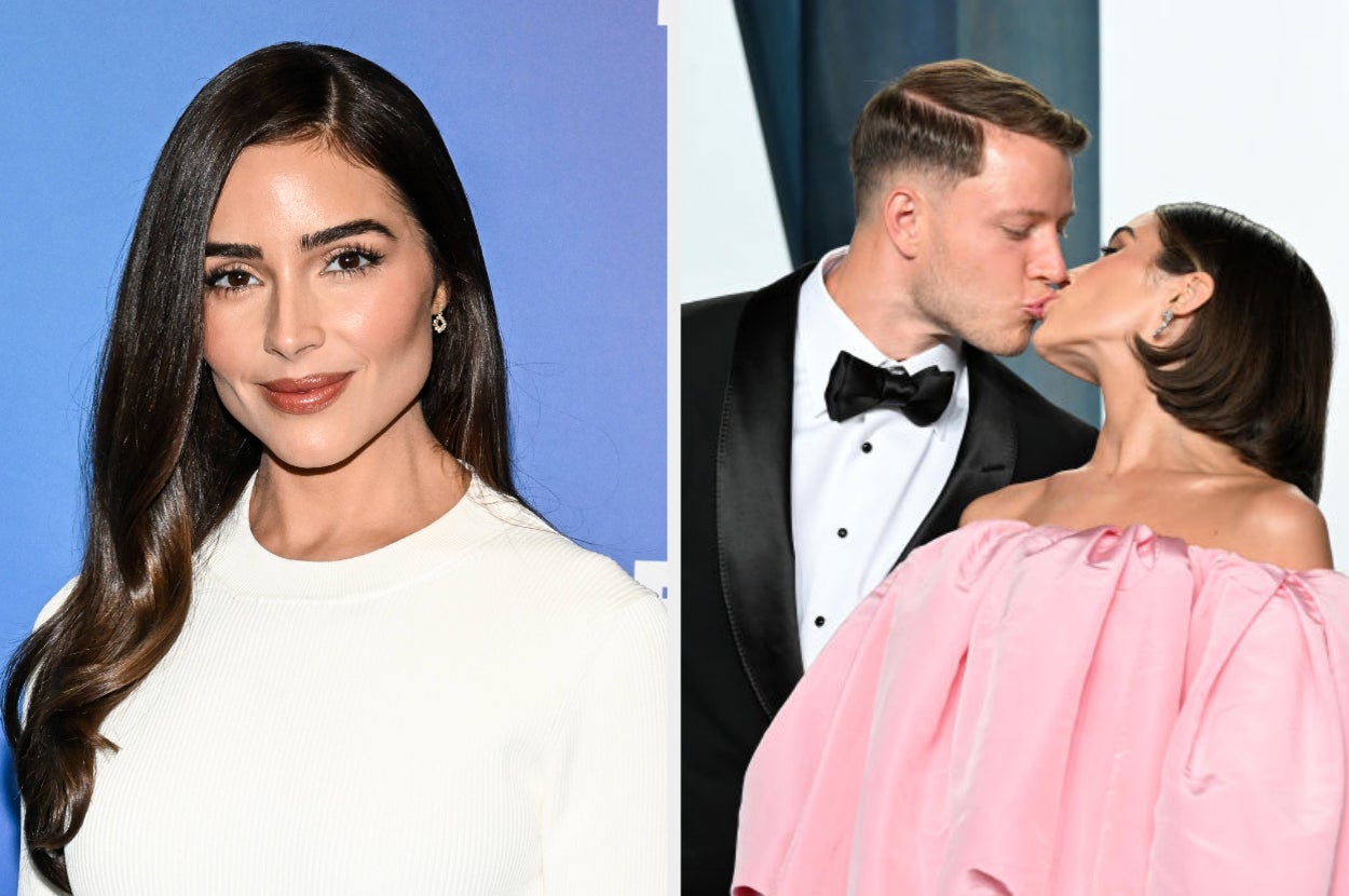 Olivia Culpo in a white dress; Olivia Culpo and Christian McCaffrey share a kiss, Olivia in an off-shoulder dress and Christian in a tuxedo