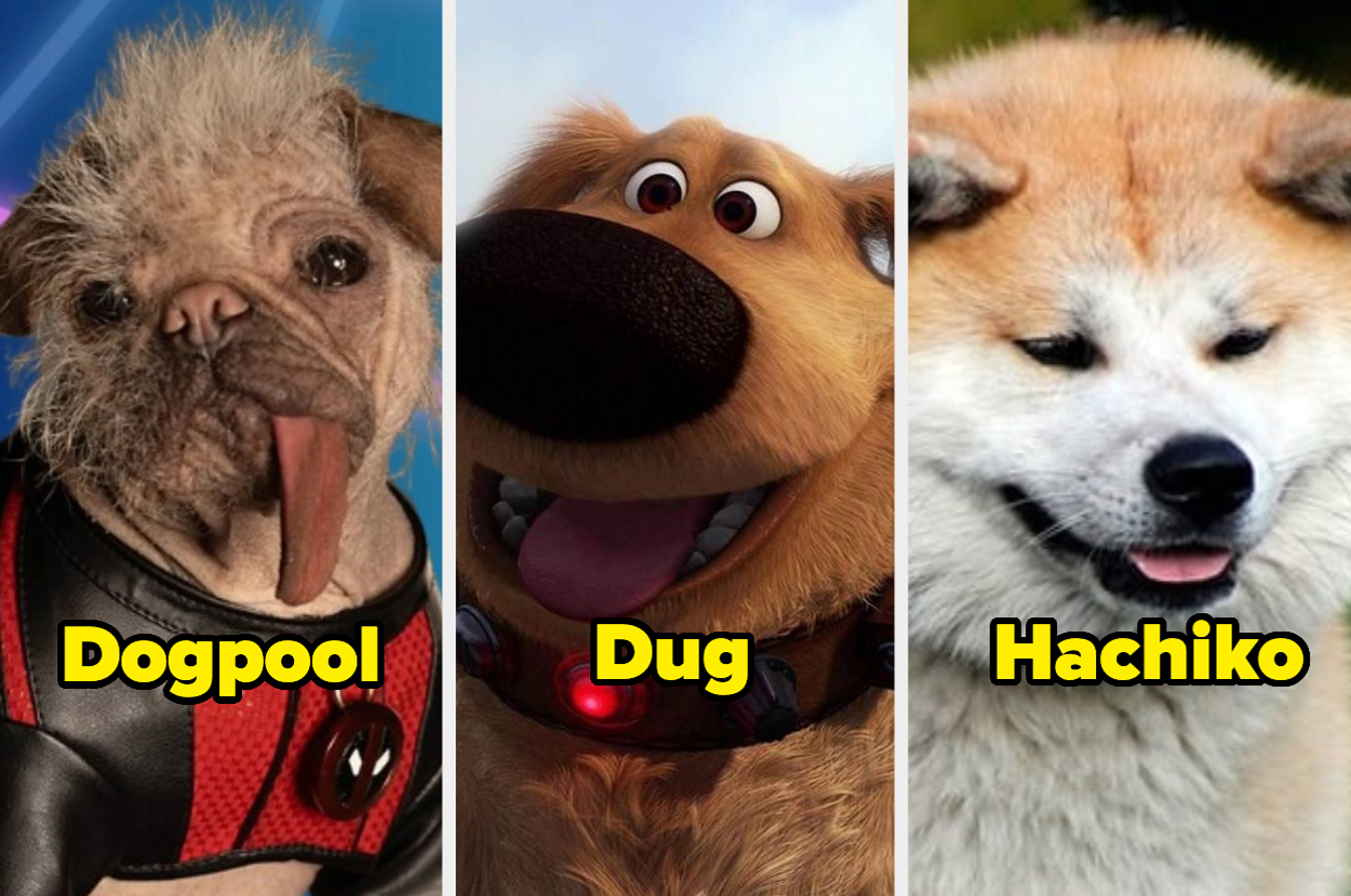 Dogpool, Dug, y Hachiko en un collage de tres fotos de personajes caninos famosos