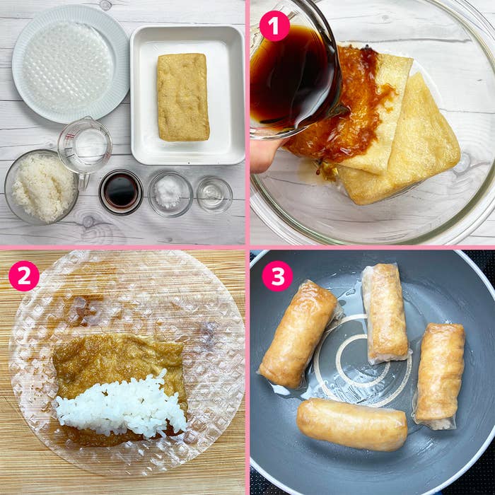 ご飯を寿司に変えるレシピの写真手順。1. 油揚げに調味料をかける 2. ライスペーパにご飯を包む 3. フライパンで焼く。