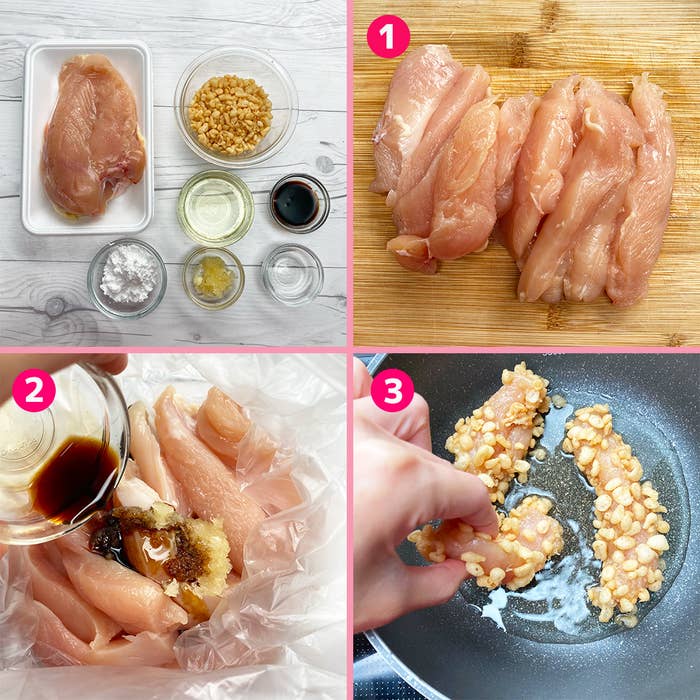 鶏の胸肉と調味料の準備、鶏肉に調味料を加えて混ぜる、鶏肉と調味料をフライパンで炒める手順の画像。
