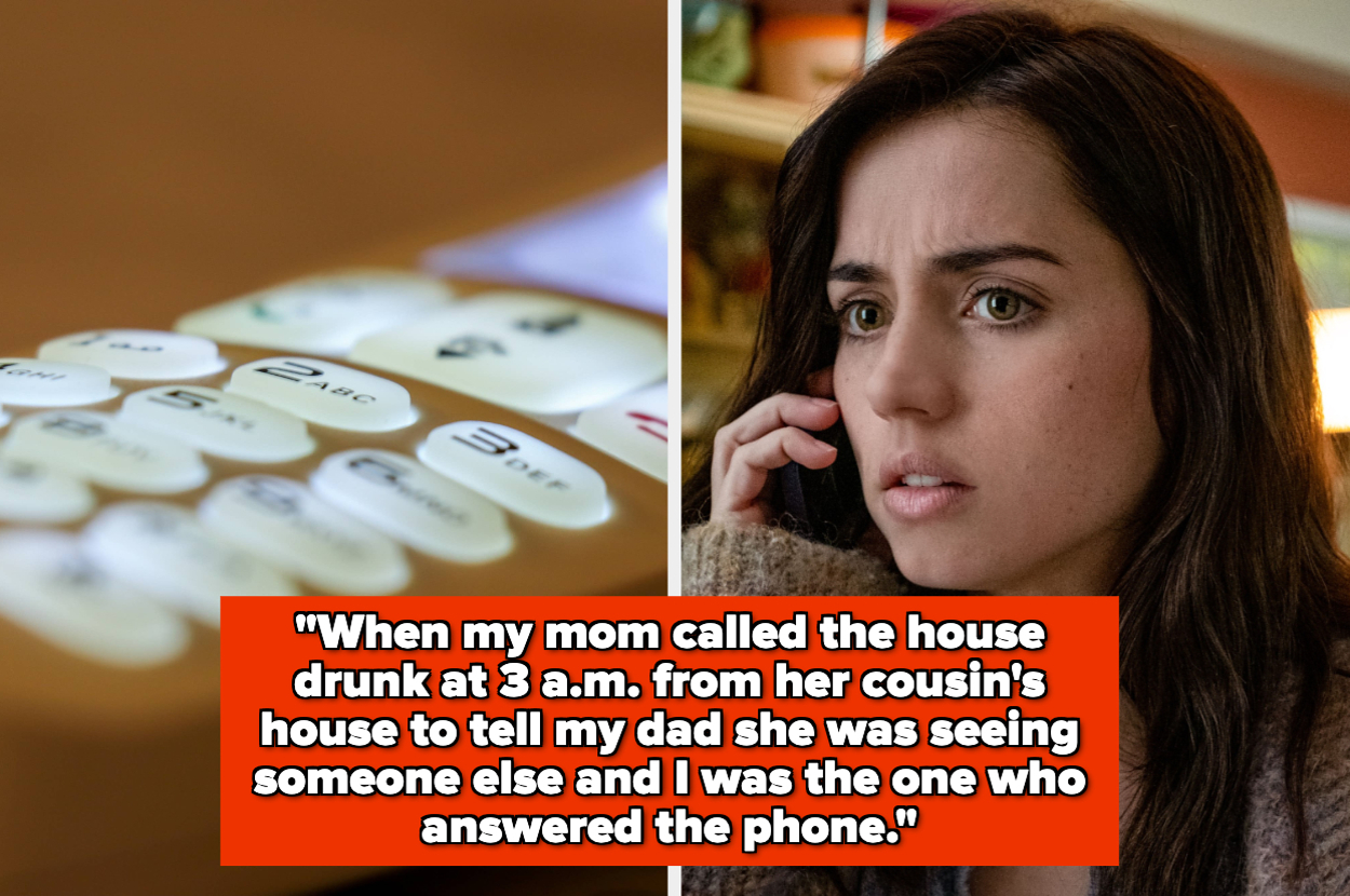 A landline telephone with the buttons lit up and Ana de Armas on the phone. Text: "When my mom called the house drunk at 3 a.m. from her cousin's house to tell my dad she was seeing someone else and I was the one who answered the phone."