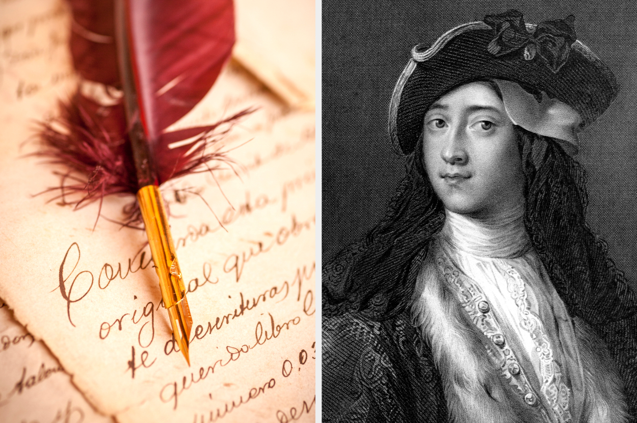 Quill pen writing on parchment on the left; portrait of a person in 17th-century attire, with a hat and long curly hair, on the right
