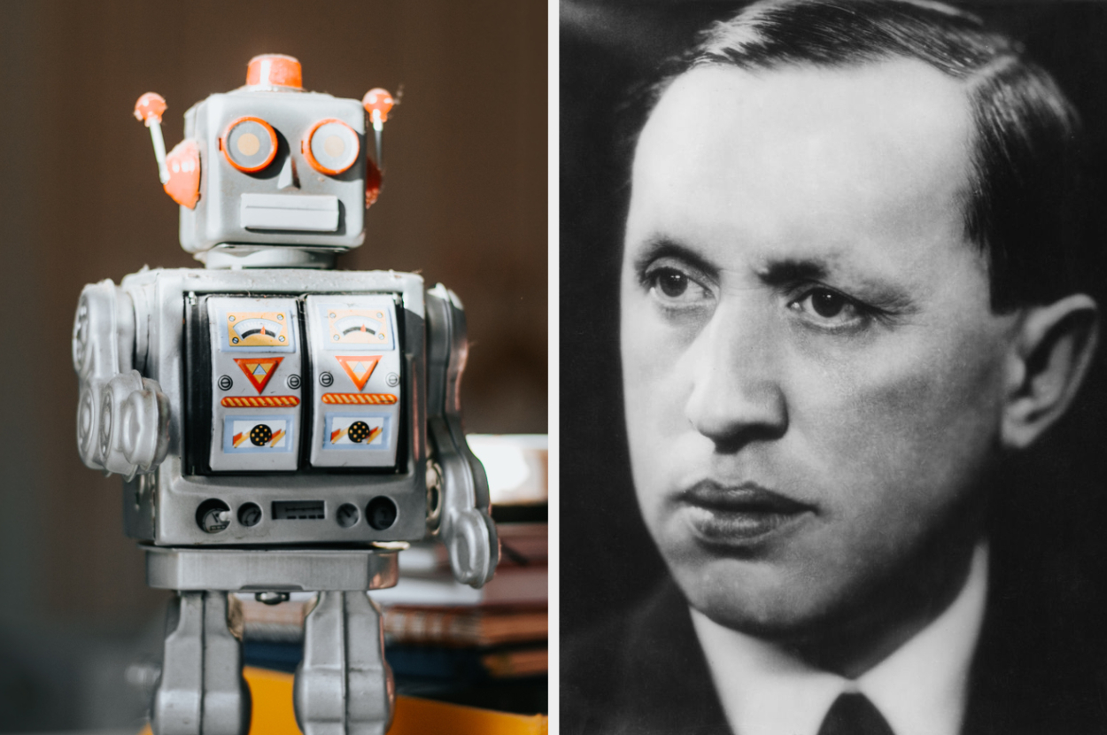 A vintage toy robot is shown on the left. On the right is a black and white portrait of a man in a suit, looking slightly to his right