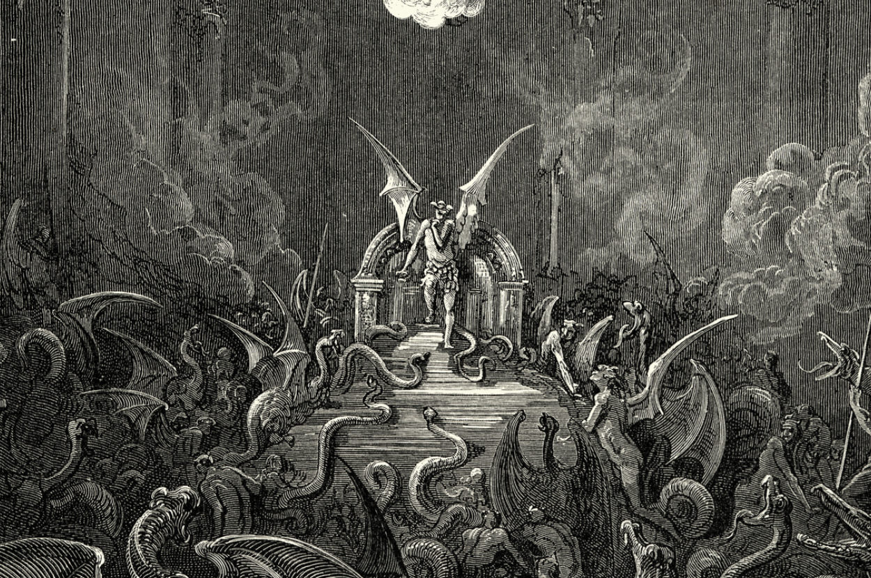 Engraving by Gustave Doré depicts a chaotic scene of demons and serpents surrounding a demonic throne with a horned figure holding a spear
