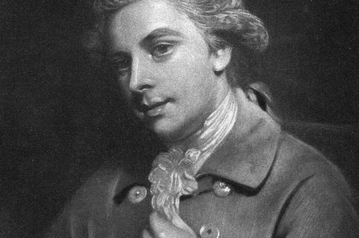 A historical portrait of Richard Brinsley Sheridan, a famous playwright and politician, in 18th-century attire, including a high-collared coat and cravat