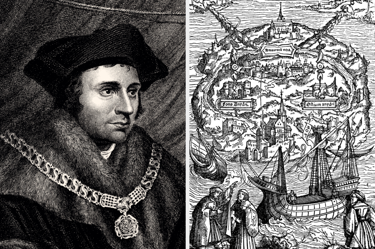 Engraving of Thomas More wearing a fur-collared robe next to a drawing of a fictional island from his book "Utopia"
