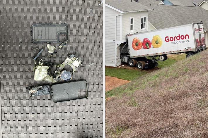 Composite image: Left, a finger stuck in a jagged metal piece; text reads “I’m stuck.” Right, truck partially crashed into a house; text reads “I made a big mistake."