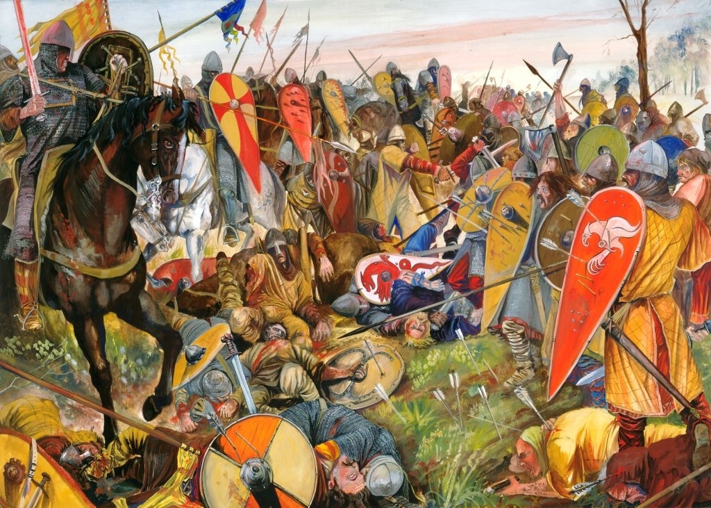 A detailed historical painting depicting a chaotic medieval battle scene with knights, soldiers, and fallen fighters, all wielding various weapons and shields