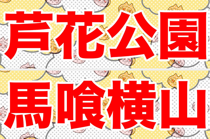 赤い文字で「芦花公園 馬喰横山 御成門」と書かれた画像。背景にかわいいイラストが入っている。