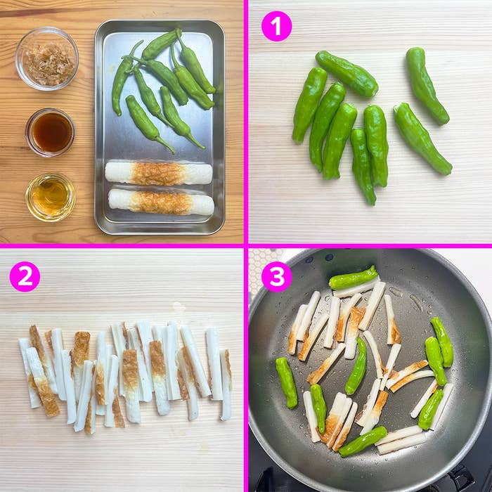焼きししとうとちくわの炒め物の手順。1. ししとう。2. ちくわを切る。3. フライパンで炒める。
