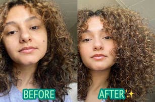 A woman's before (left) and after (right) hair transformation with voluminous, defined curls after using hair care products. Text says "BEFORE" and "AFTER✨"