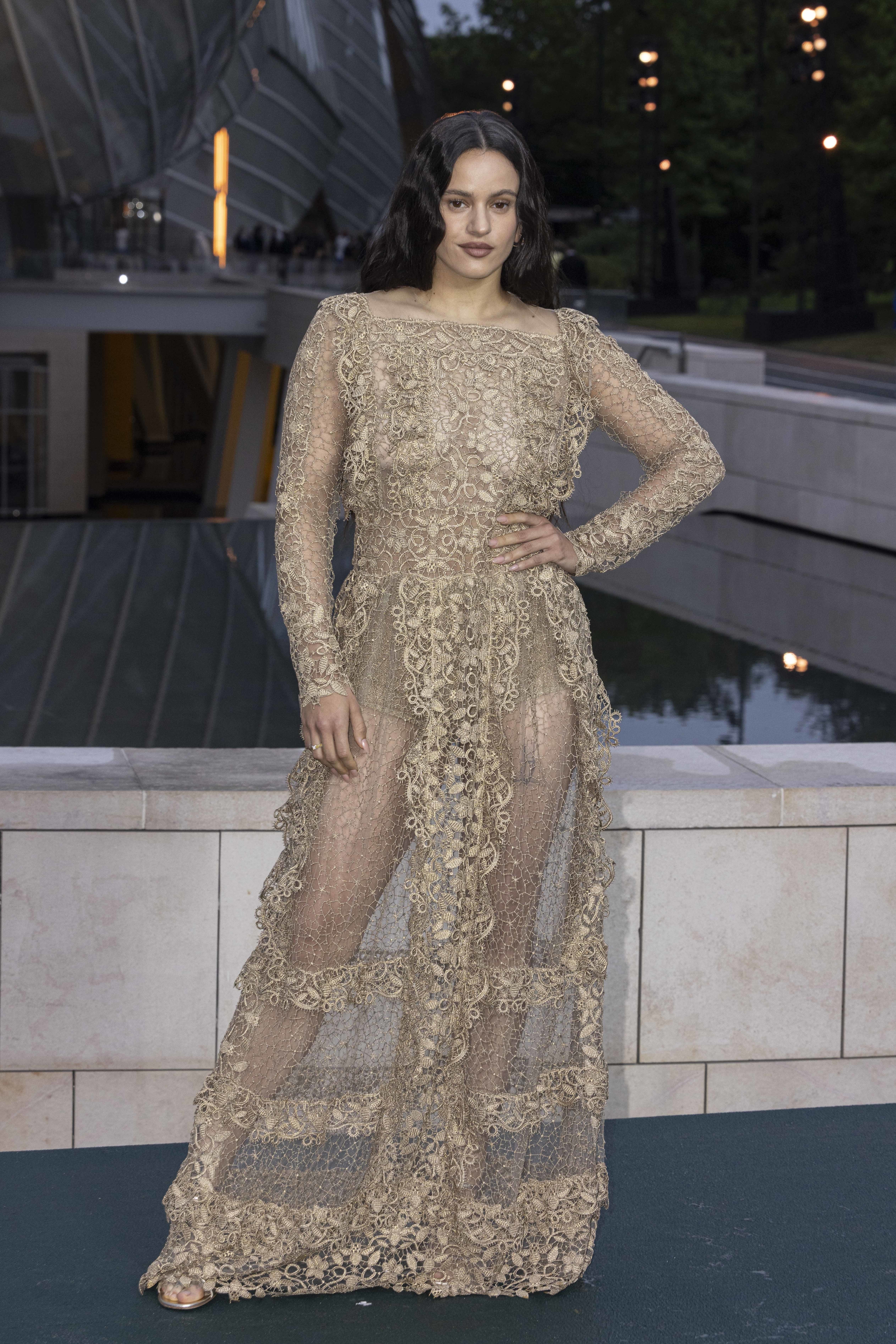 Rosalía poses in an intricate floor-length lace dress with a form-fitting design, featuring sheer sections, at an outdoor event