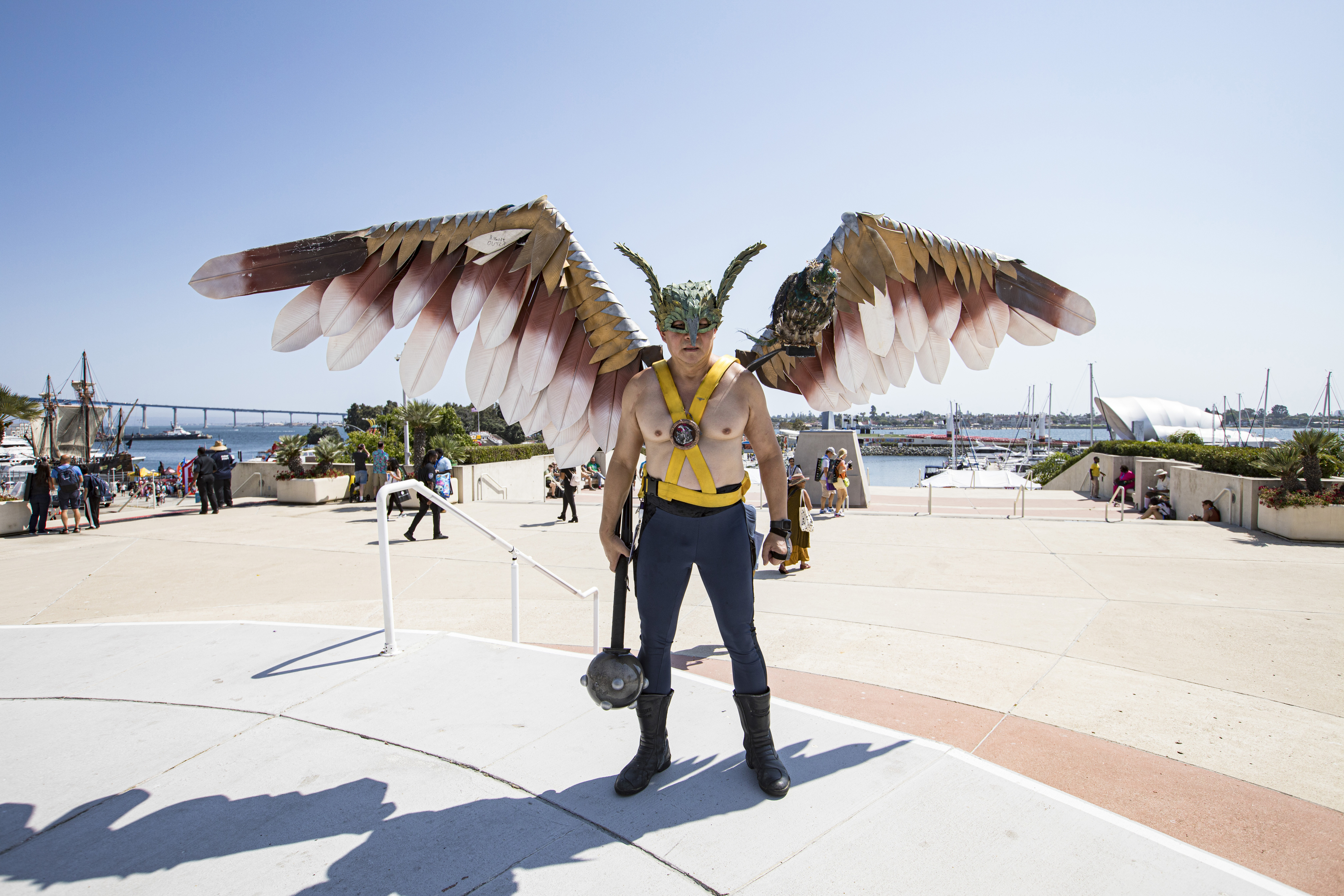 Person dressed as Hawkman with large feathered wings, helmet with horns, and holding a mace at an outdoor event with a bridge and waterfront in the background