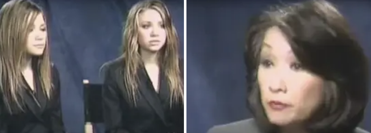 Mary-Kate and Ashley Olsen in an interview with a news anchor