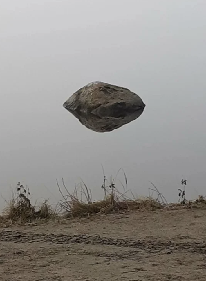 A rock appears to be floating mid-air due to its reflection on the still water surface below it. Dry grass and plants are visible in the foreground