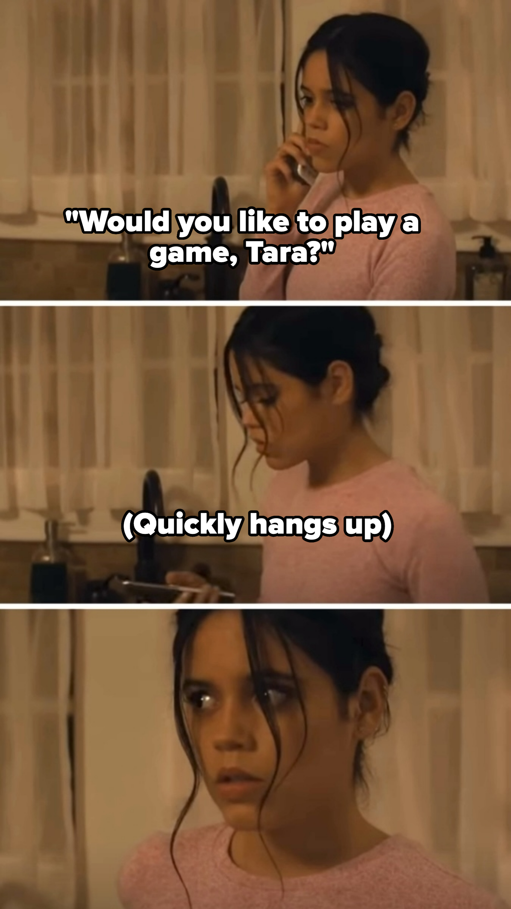 Jenna Ortega in three-panel scene behind a kitchen counter, talking on the phone looking concerned while checking a knife in her hand