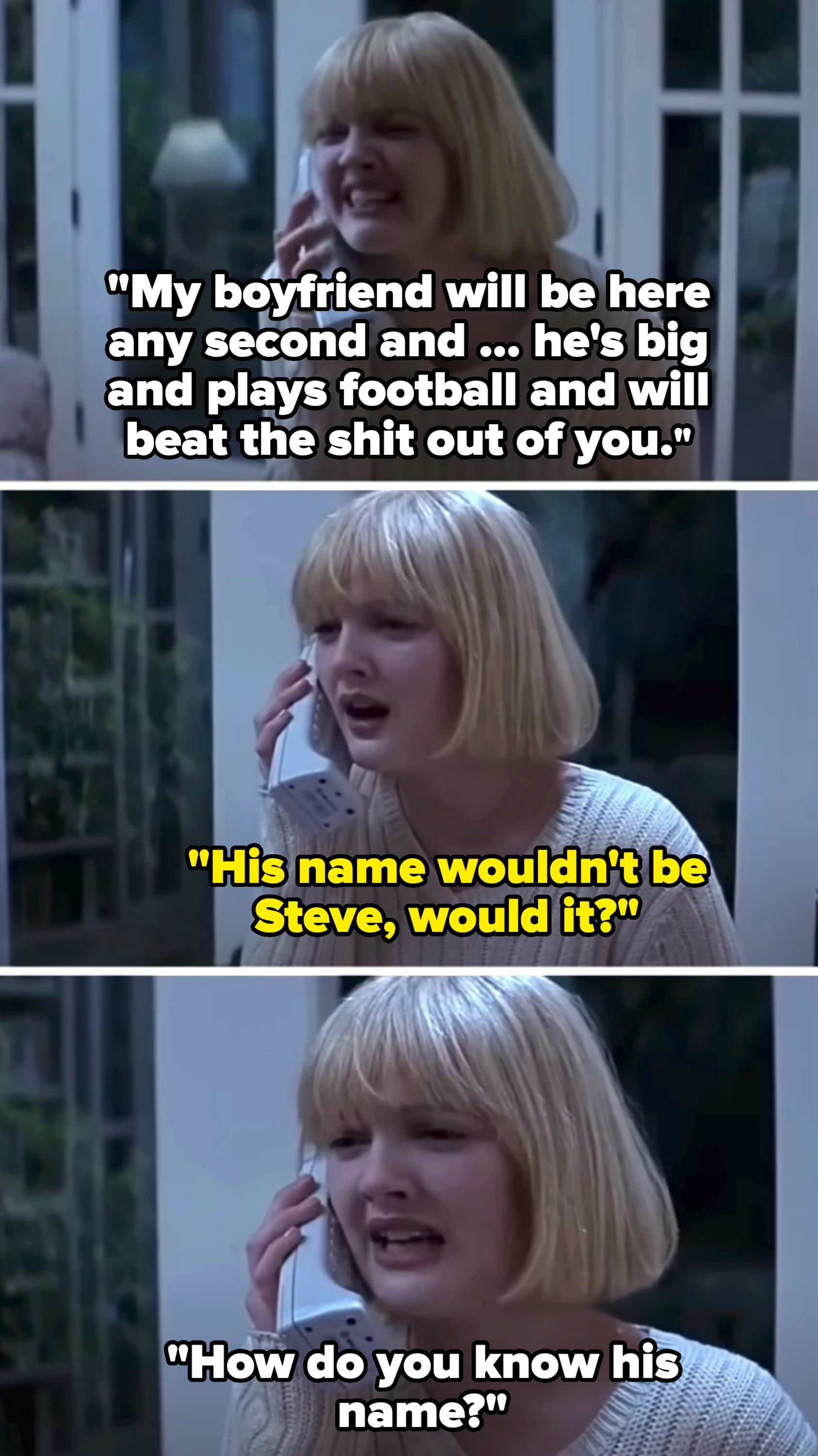 Drew Barrymore is gripping a phone and looks distressed in a series of three images from a scene in &quot;Scream.&quot; She is wearing a light-colored, long-sleeved sweater