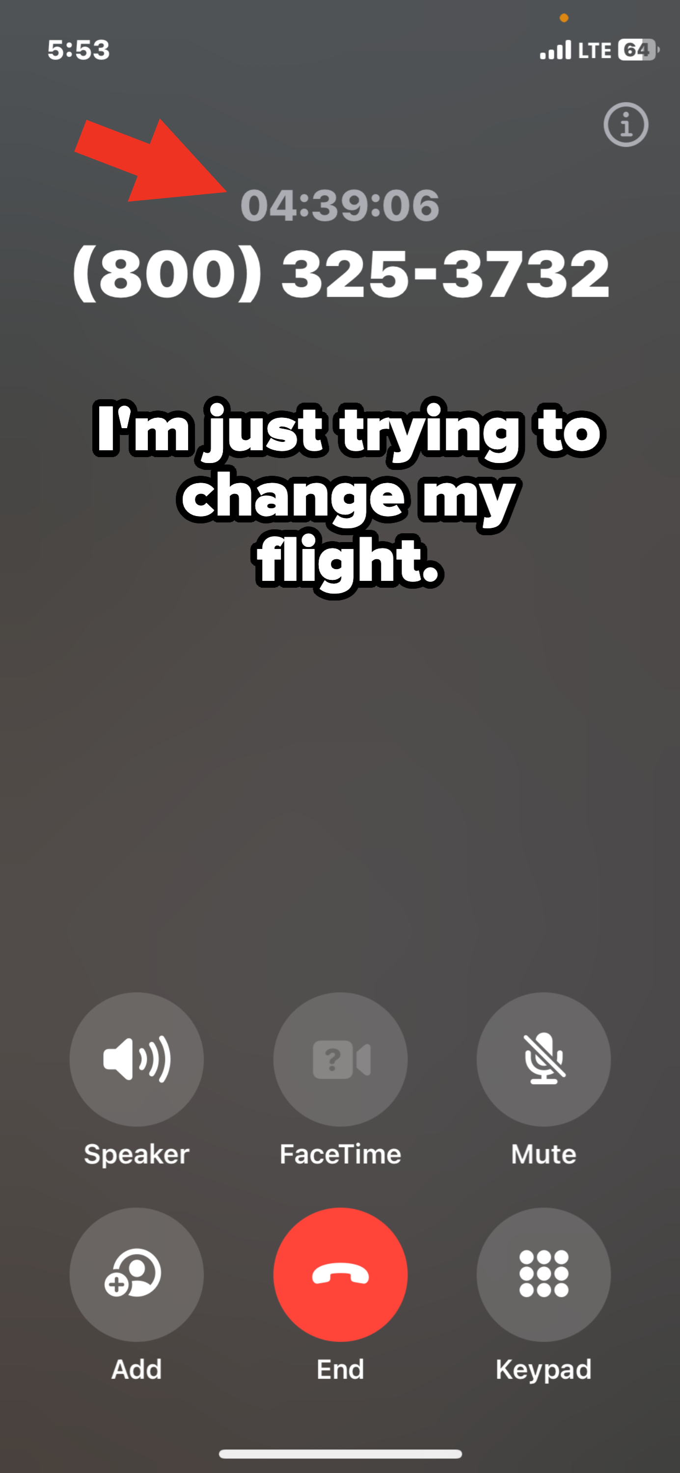 Phone screen displaying a call in progress for 4 hours, 39 minutes, with the number (800) 325-3732. Buttons include Speaker, FaceTime, Mute, Add, End, and Keypad