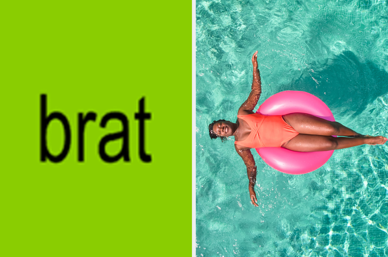 Split image: left side reads "brat"; right side shows a woman in a pink swimsuit floating on a pink inflatable in a pool