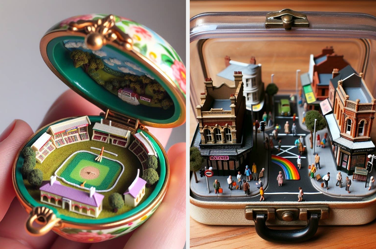 Two images: left, a hand holding an open locket with a miniature baseball stadium inside; right, a miniature town inside an open suitcase, featuring buildings and people