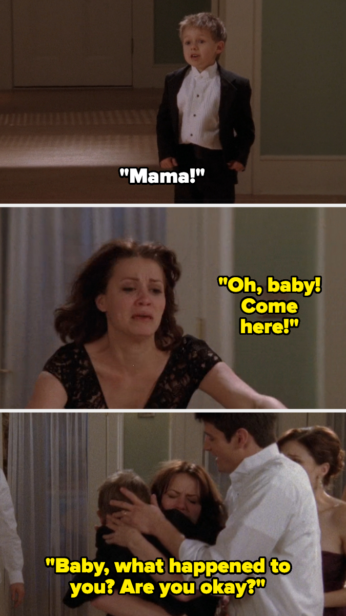 A young boy in a tuxedo shouts, &quot;Mama!&quot; A woman tearfully responds, &quot;Oh, baby! Come here!&quot; They then embrace, while a man asks, &quot;Baby, what happened to you? Are you okay?&quot;
