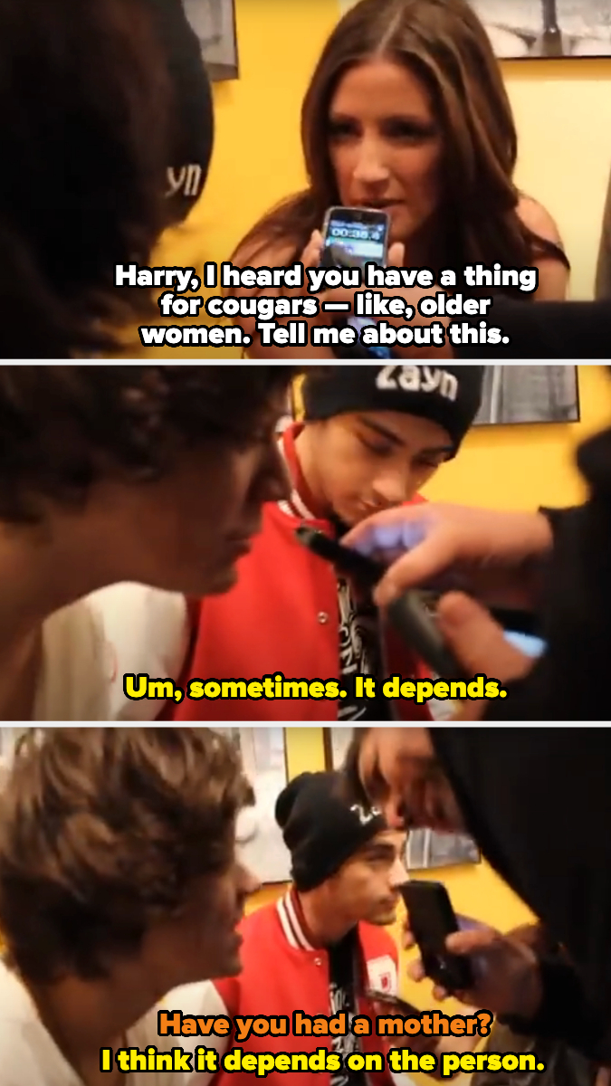 a woman interviewer asks Harry to tell her about his rumored interest in older women, and he says it depends, then a male interviewer interrupts to ask if he's ever "had a mother"
