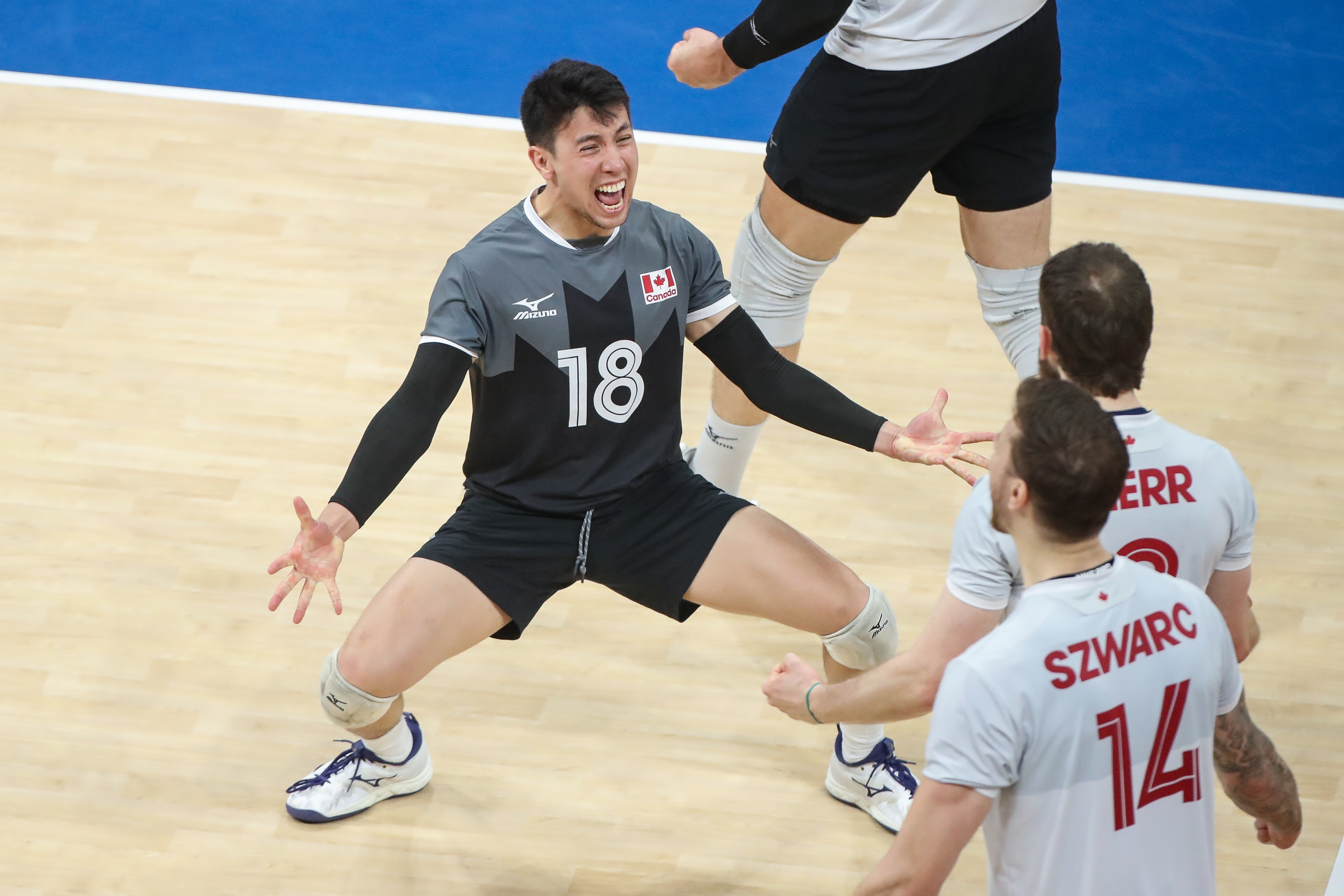 Three men wearing volleyball uniforms celebrate on a court. The man in the center, wearing jersey number 18, appears to be cheering excitedly. Jerseys display "Kerr" and "Szwarc" names