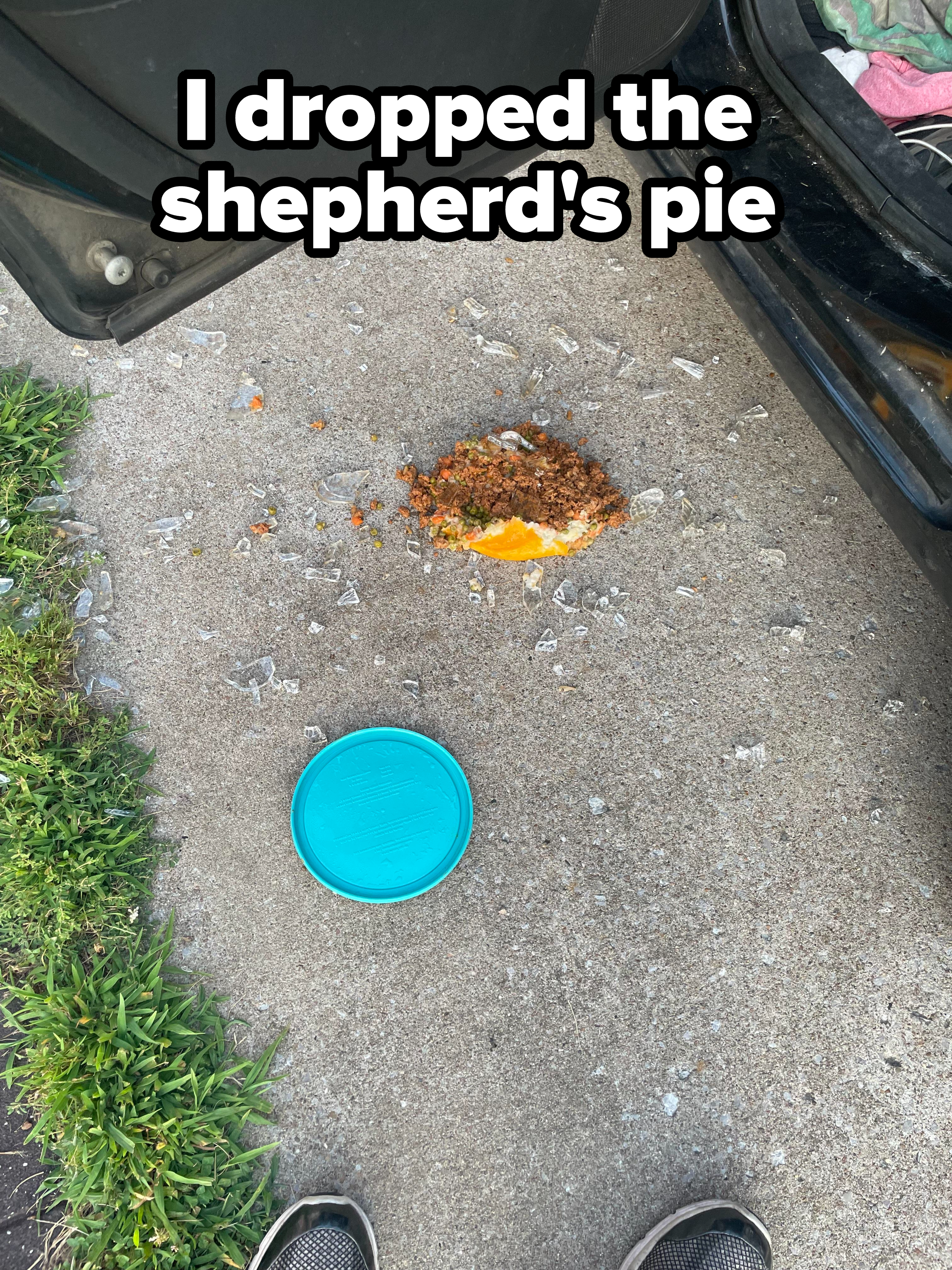 Spilled meal with a small blue container on the ground near a car door. Broken glass is scattered around. The meal appears to include rice and possibly vegetables