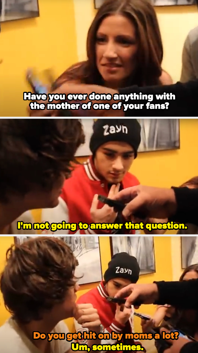 woman asks, "Have you ever done anything with the mother of one of your fans?" and Harry declines to answer, then man asks, "Do you get hit on by moms a lot?" and Harry says sometimes