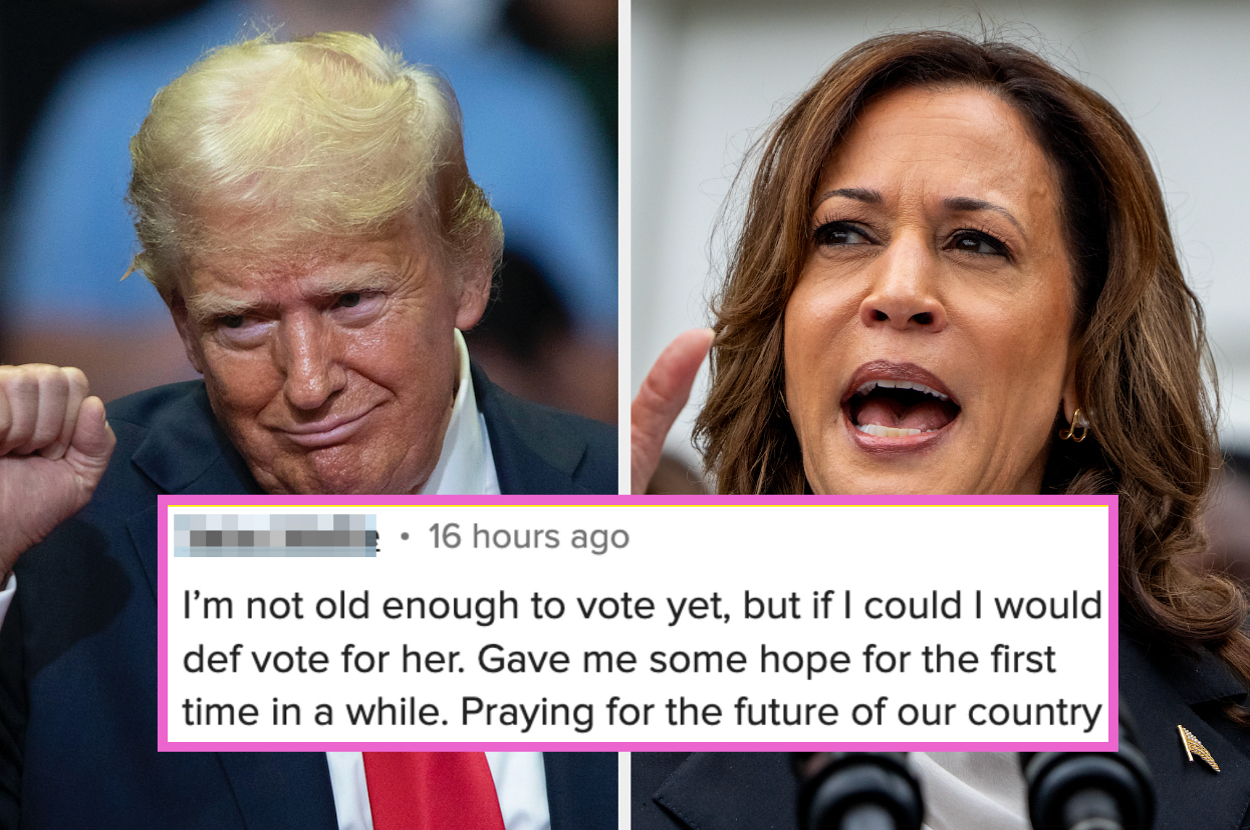 Donald Trump and Kamala Harris are depicted. A comment reads, "I’m not old enough to vote yet, but if I could I would def vote for her. Gave me some hope for the first time in a while. Praying for the future of our country."