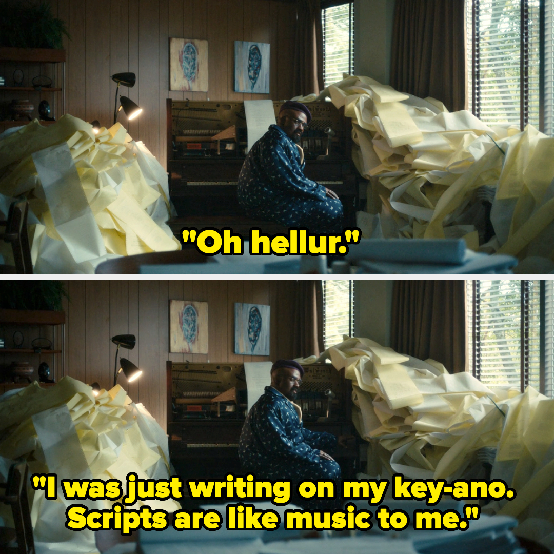 Two images of a person in a room with a piano buried under papers. Text: