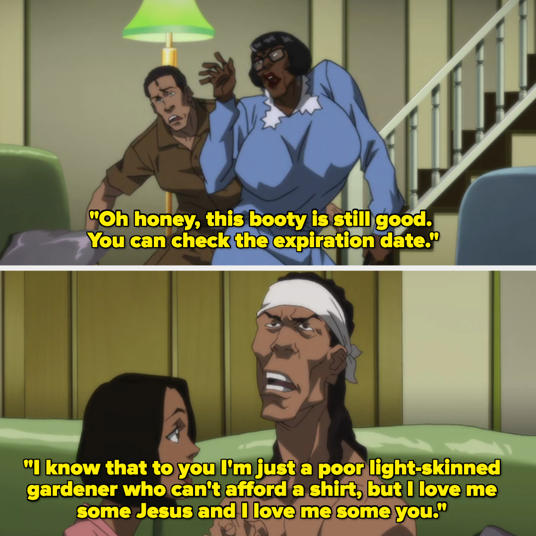 Top panel: Animated characters Robert and Aunt Cookie. Robert looks worried, while Aunt Cookie gestures confidently.
Bottom panel: Character Ruckus speaks emotionally to a woman