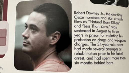 Robert Downey Jr. sentence summary with mention of his rehabilitation efforts and previous films "Natural Born Killers" and "Less Than Zero."