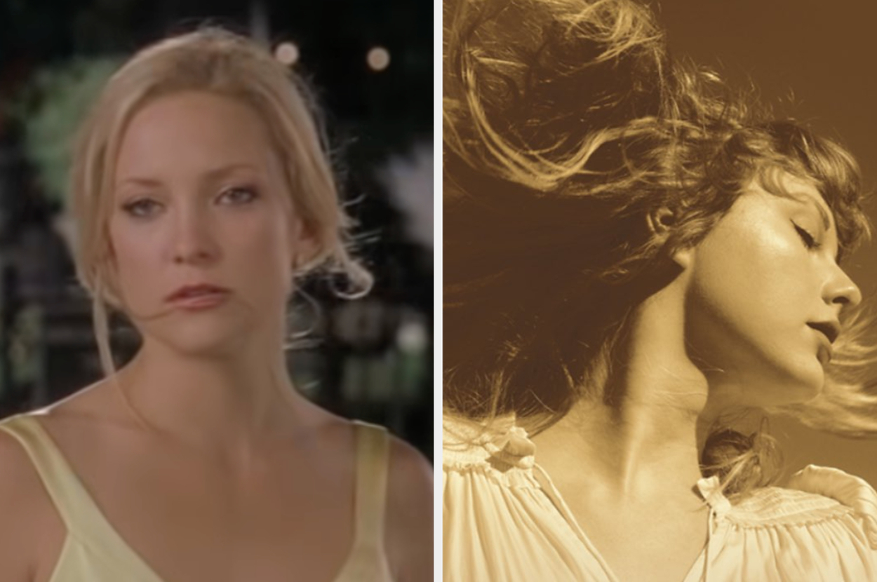Kate Hudson in a scene from "How to Lose a Guy in 10 Days" and an album cover image of Taylor Swift with her eyes closed and hair flowing in the wind