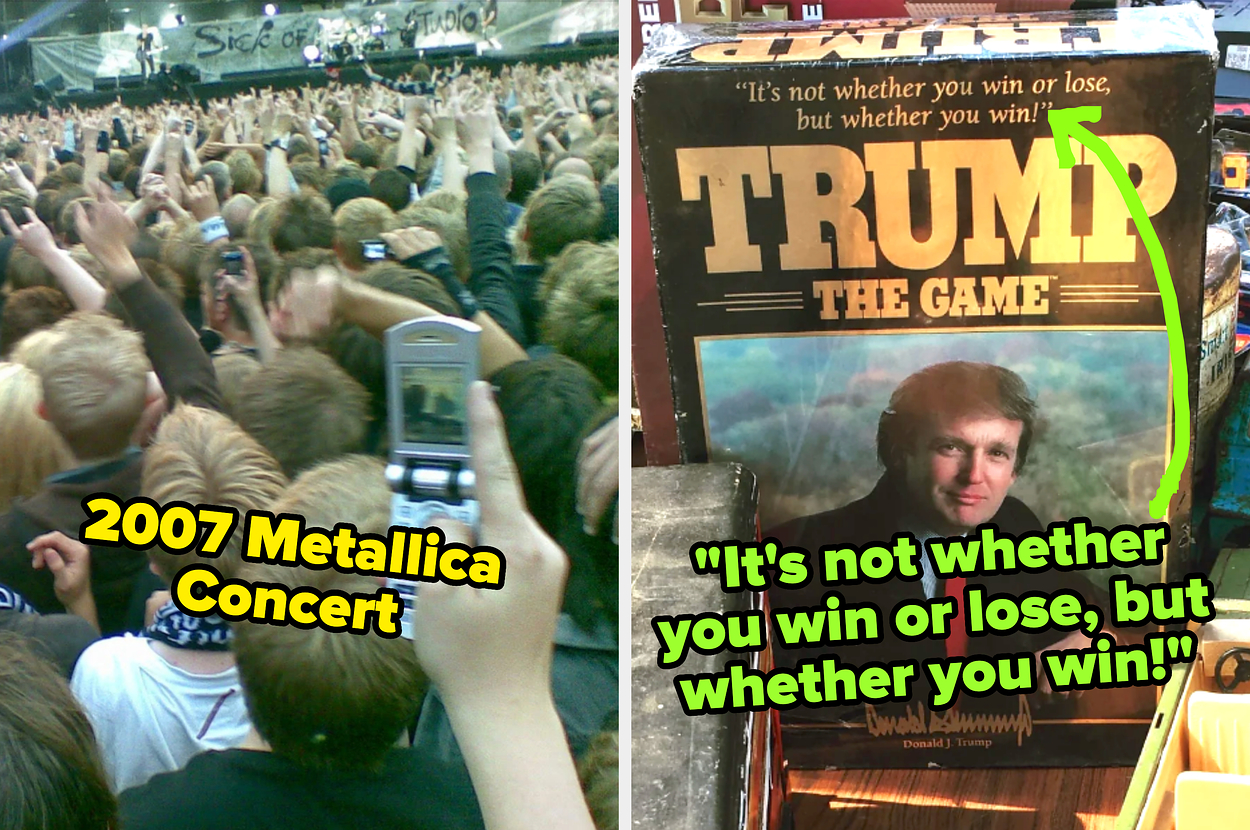 Left: Crowd at a 2007 Metallica concert with hands raised. Right: Textbook with an image of Barack Obama labeled as a "democratic leader."