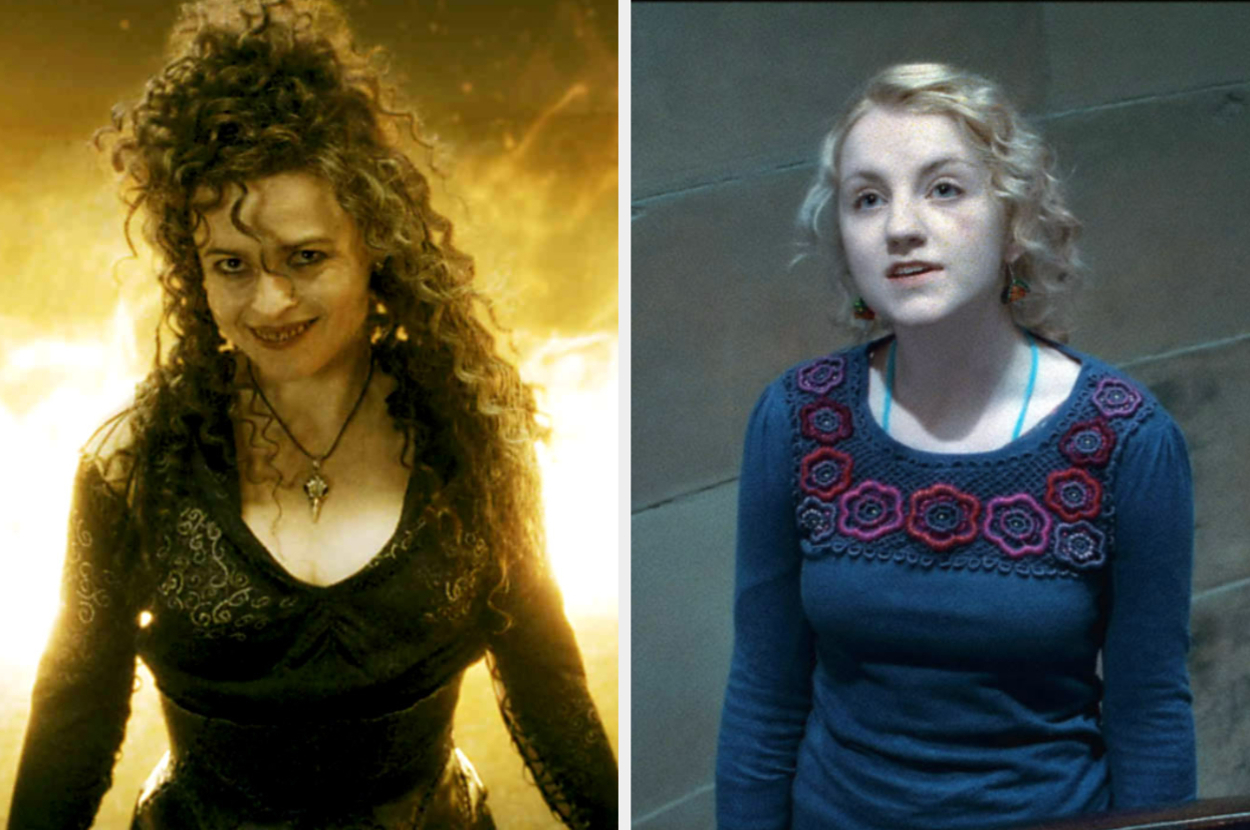 Helena Bonham Carter as Bellatrix Lestrange in a dark gown, and Evanna Lynch as Luna Lovegood in a sweater with embroidered details, both in character roles