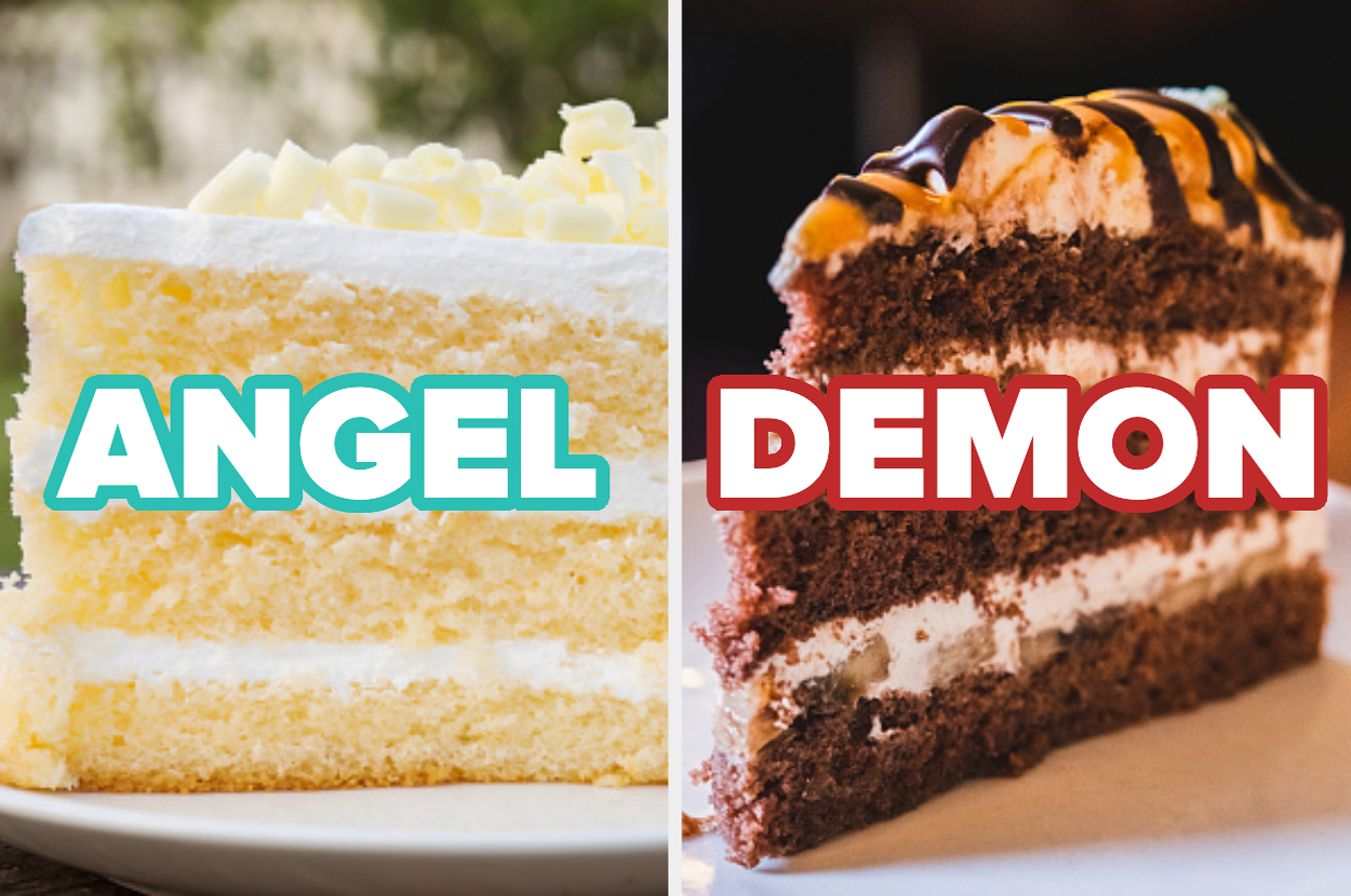 Two slices of cake are pictured with text labels: "ANGEL" over a light, fluffy cake, and "DEMON" over a dark, rich cake