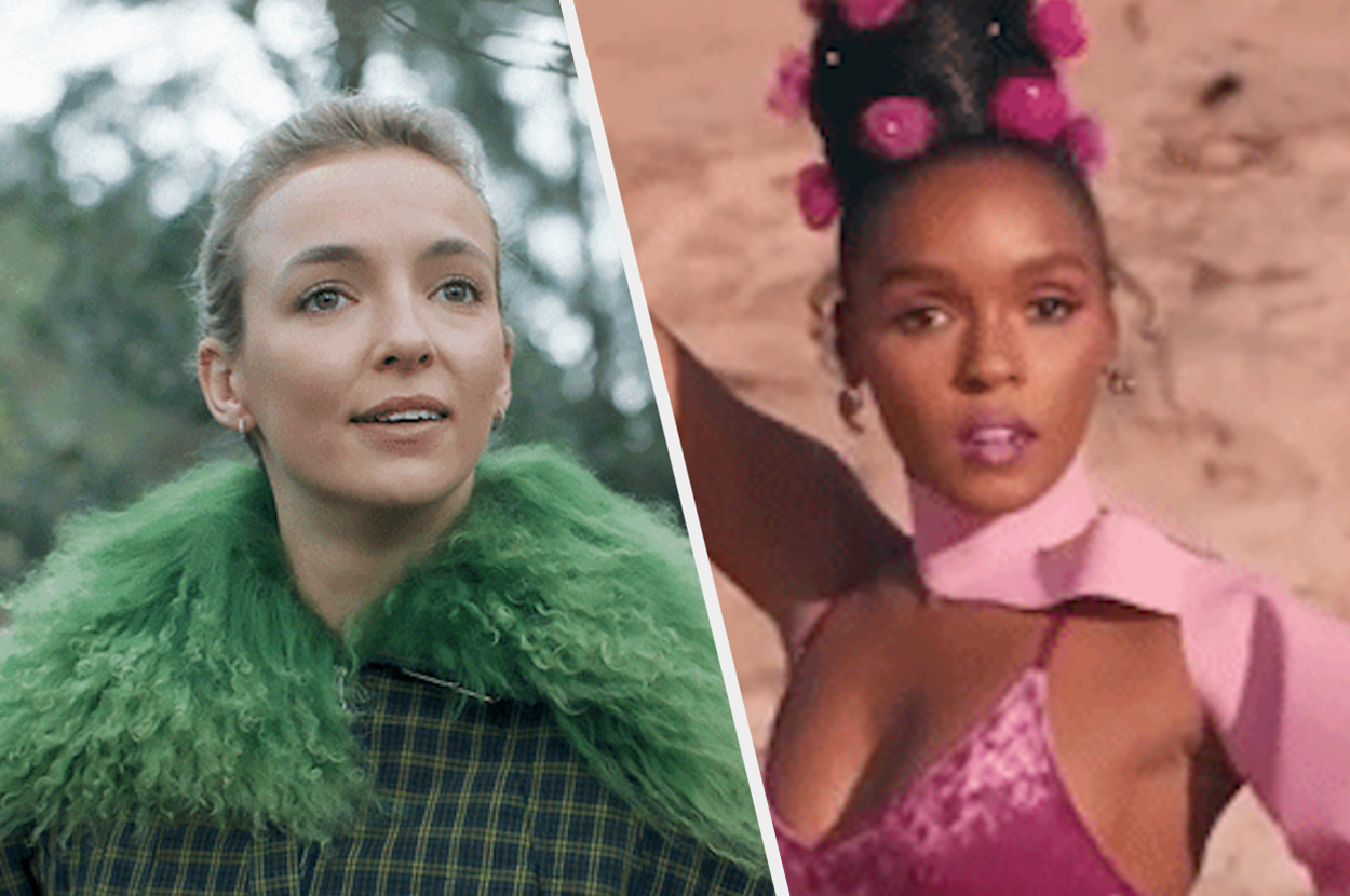 Jodie Comer wearing a green fur-trimmed coat, beside Janelle Monáe in a pink outfit with hair adorned with pink pom-poms