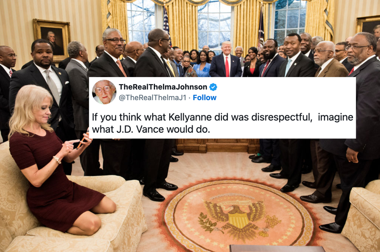 Kellyanne Conway kneels on a couch in the Oval Office while a group of Black community leaders pose with President Trump. Tweet overlaid: “If you think what Kellyanne did was disrespectful, imagine what J.D. Vance would do.”